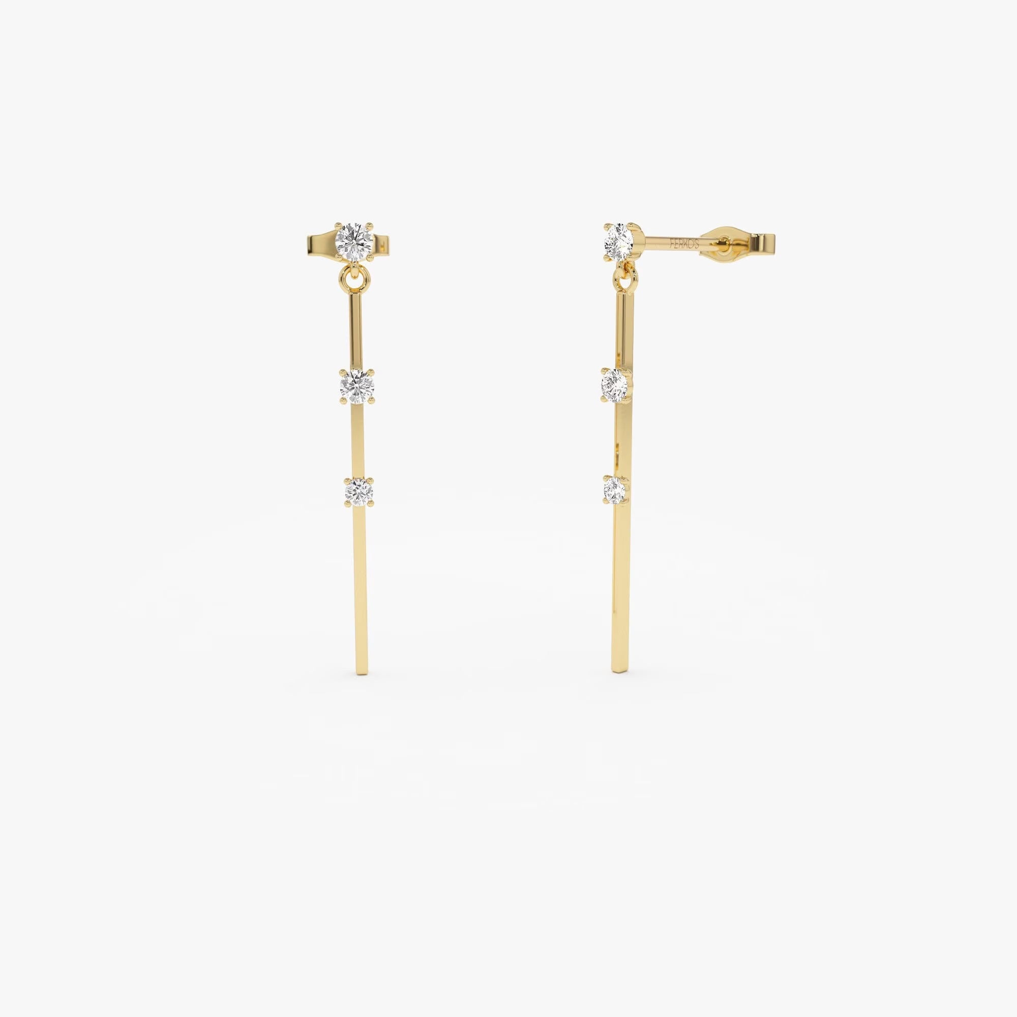 Gold Linear Bar Triple Diamond Drop Earrings, 14K Gold Bar Earrings, 0.28 Ctw Diamond Station Dangle Earrings, Trendy Earring Gift for Her