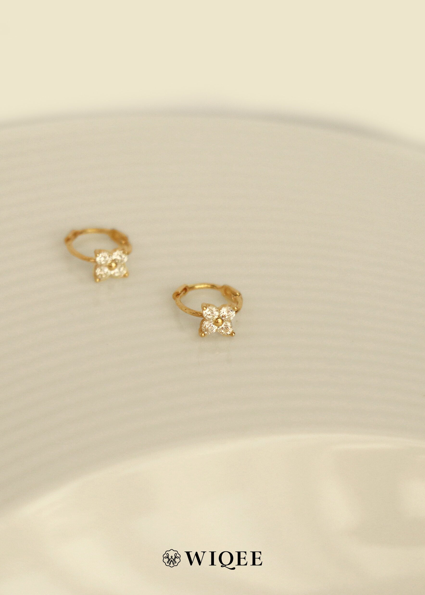 9K Solid Gold Flower Hoop Earrings, CZ Diamond Huggie Earrings