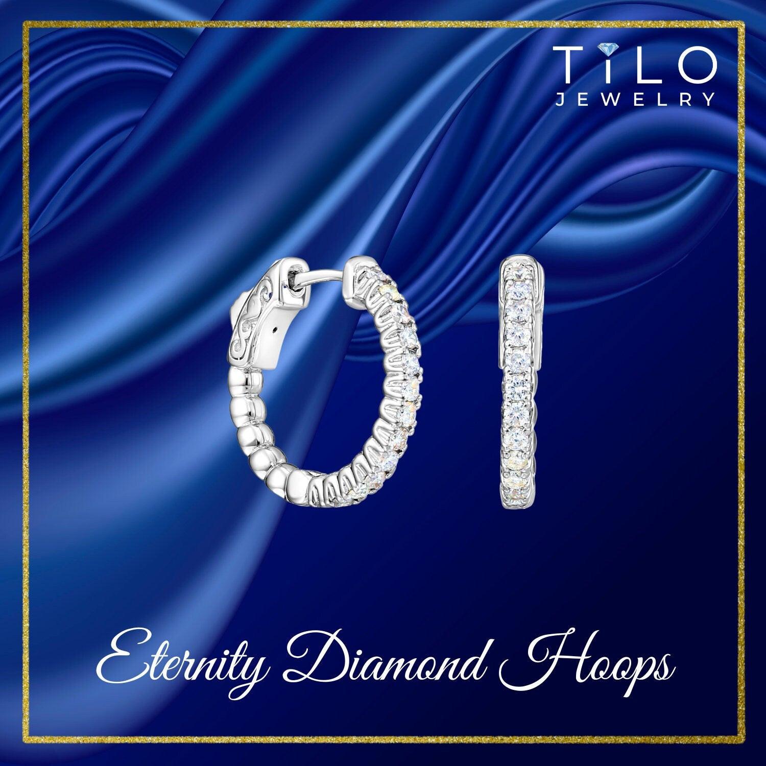 14K White Gold Diamond Half Eternity Huggie Hoop Earrings - 0.57 Carat Total Weight.