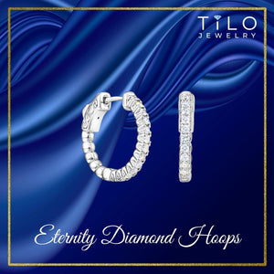 14K White Gold Diamond Half Eternity Huggie Hoop Earrings - 0.57 Carat Total Weight.
