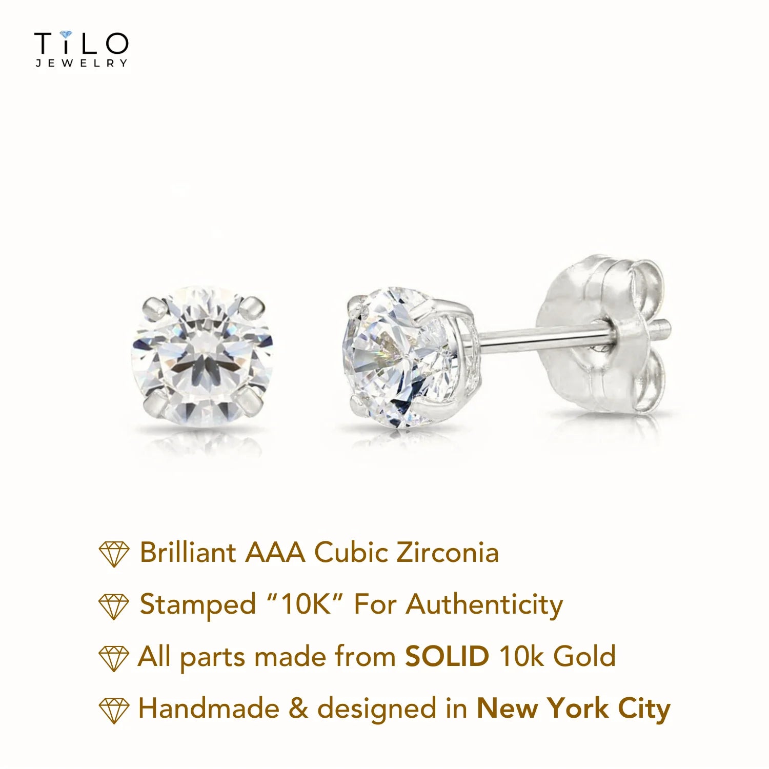 10K White Gold Classic Solitaire Stud Earrings with Pushbacks