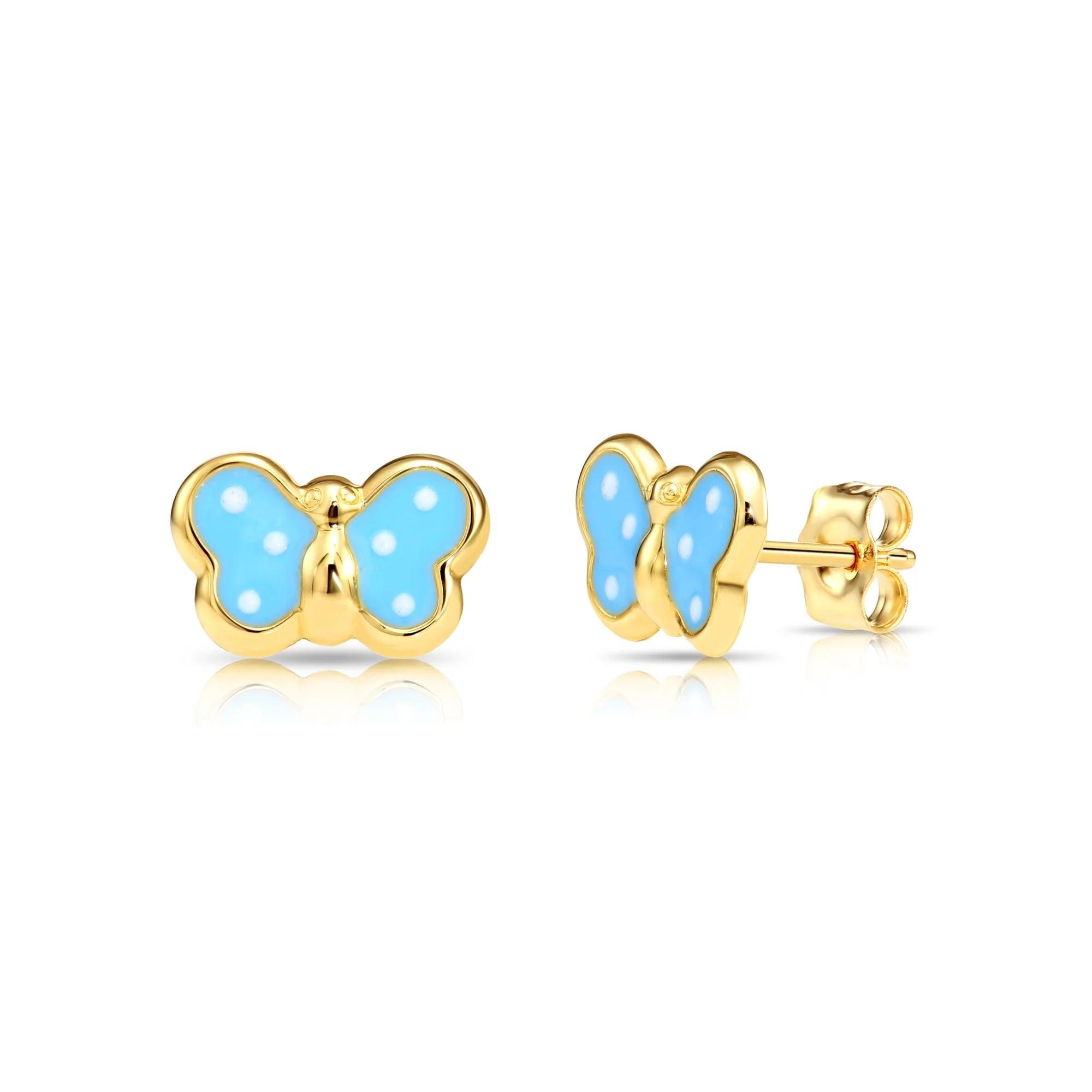 Stunning 14K Yellow Gold Butterfly Poke-A-Dot Enamel Stud Earrings with Pushback Closure.