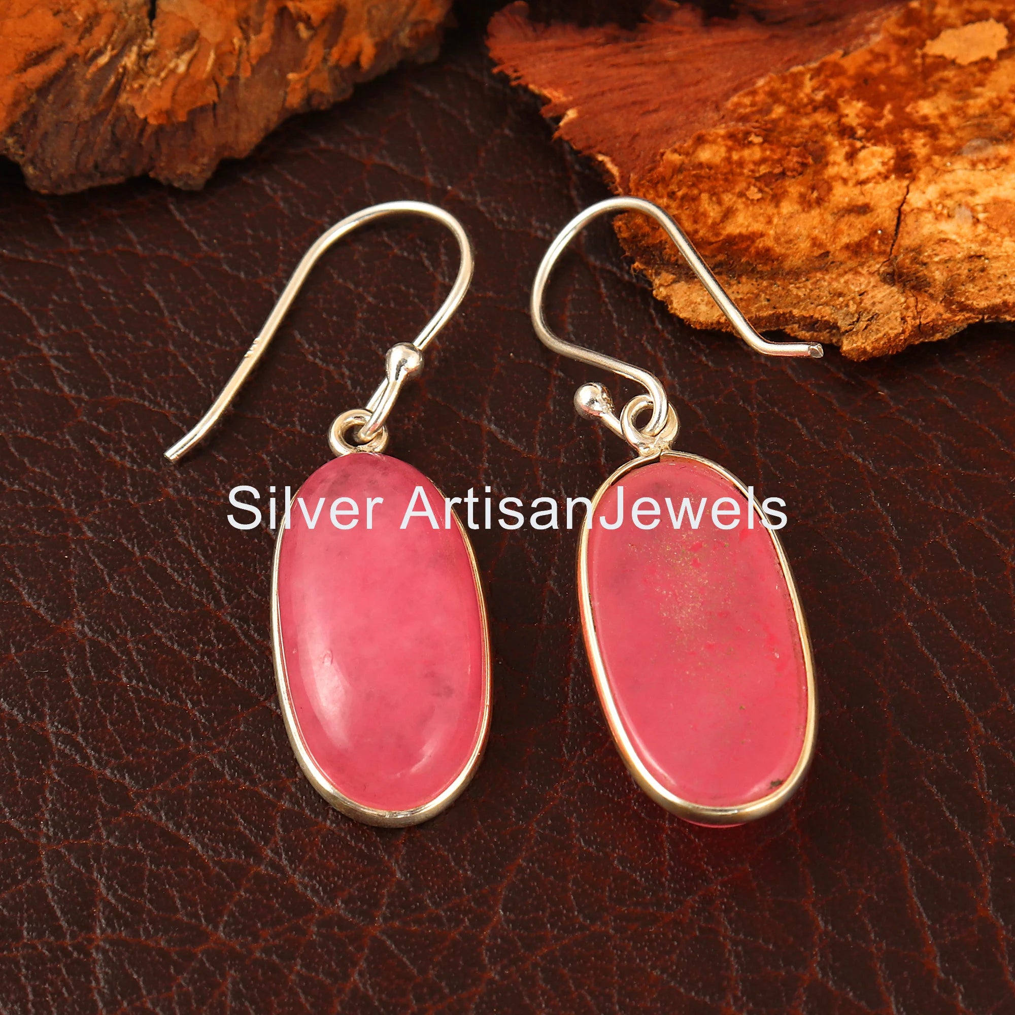 Sterling Silver Pink Jade Earrings: Boho Dangle Drop Earrings