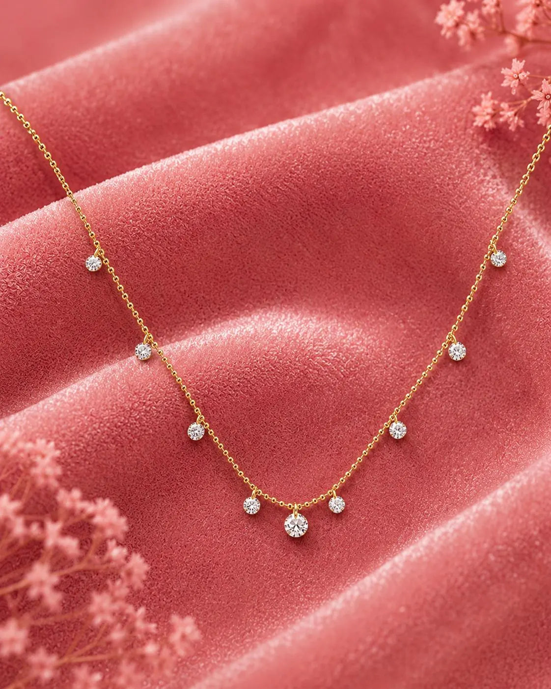 18K Solid Gold Diamond Station Necklace, Dainty Dangling Diamond Necklace, Minimal Drop Necklace, Everyday Wear Fine Jewelry Gift for Women.