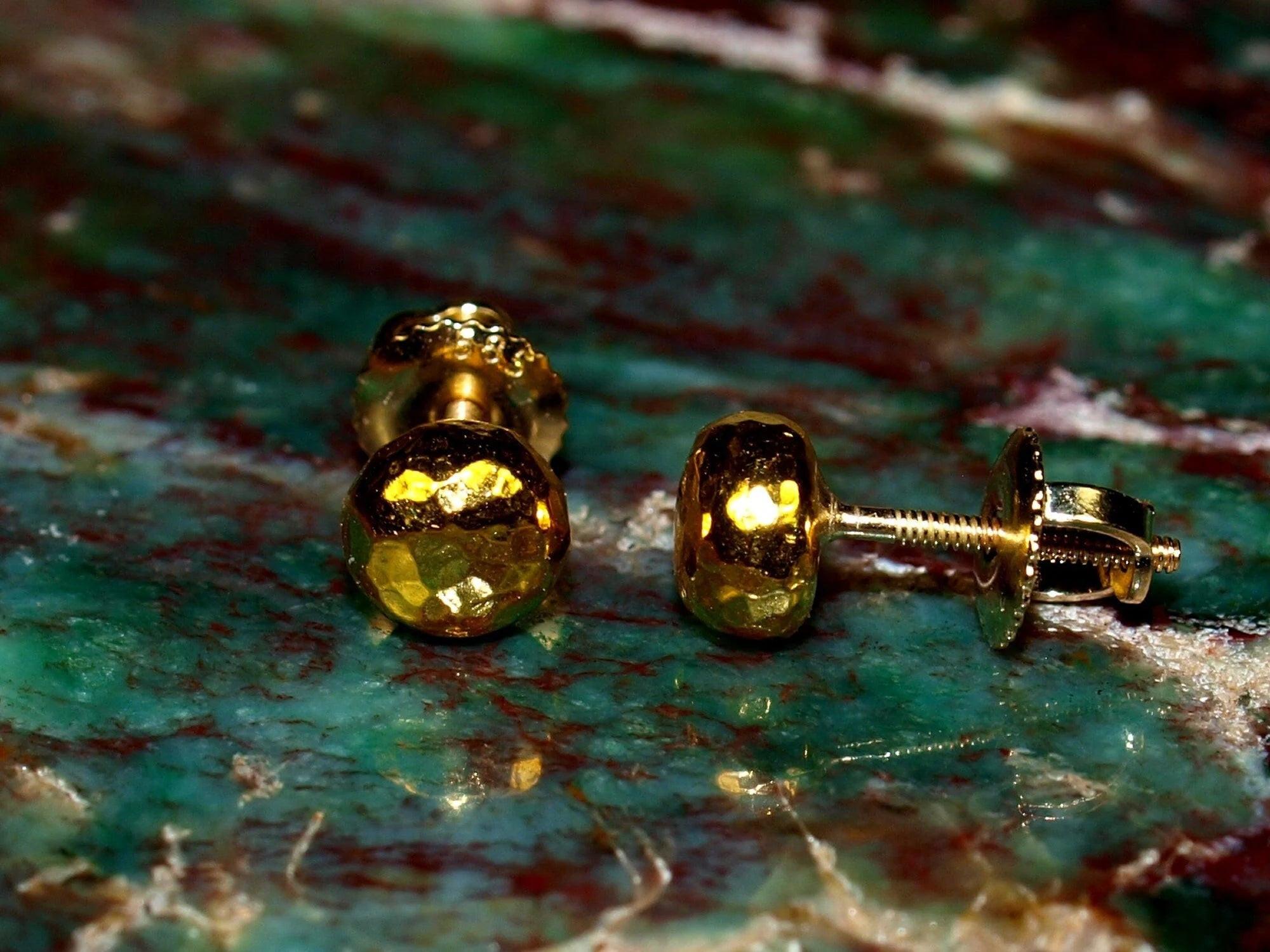 Elegant 24K Solid Gold Hammered Ball Stud Earrings - 5mm Threaded Design.