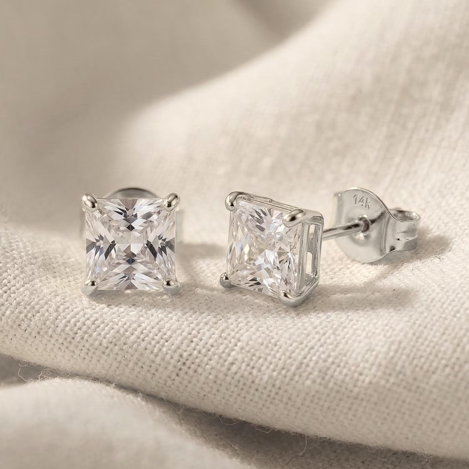 14K Solid White Gold Earrings, Square Studs with Cubic Zirconia Stones and 14K Solid Gold Butterfly Push-Backings, by TILO Jewelry