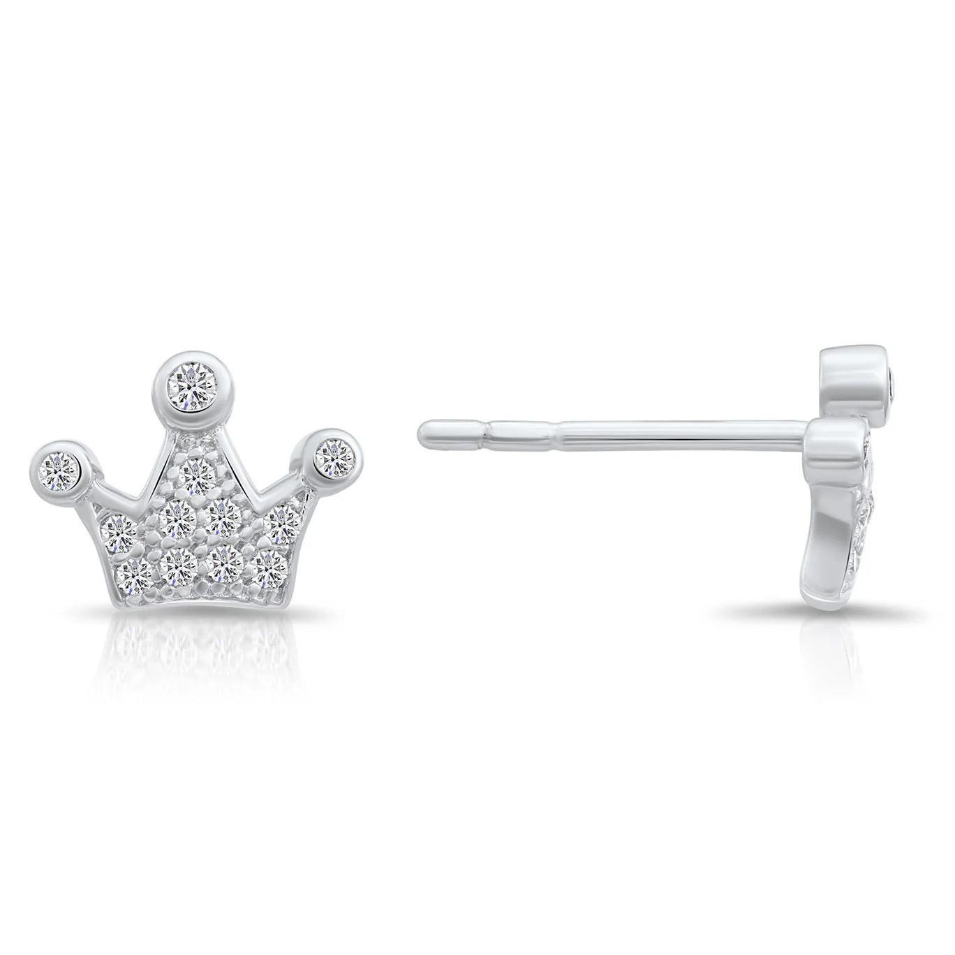 Glamorous CZ Royal Princess Crown Sterling Silver Stud Earrings.