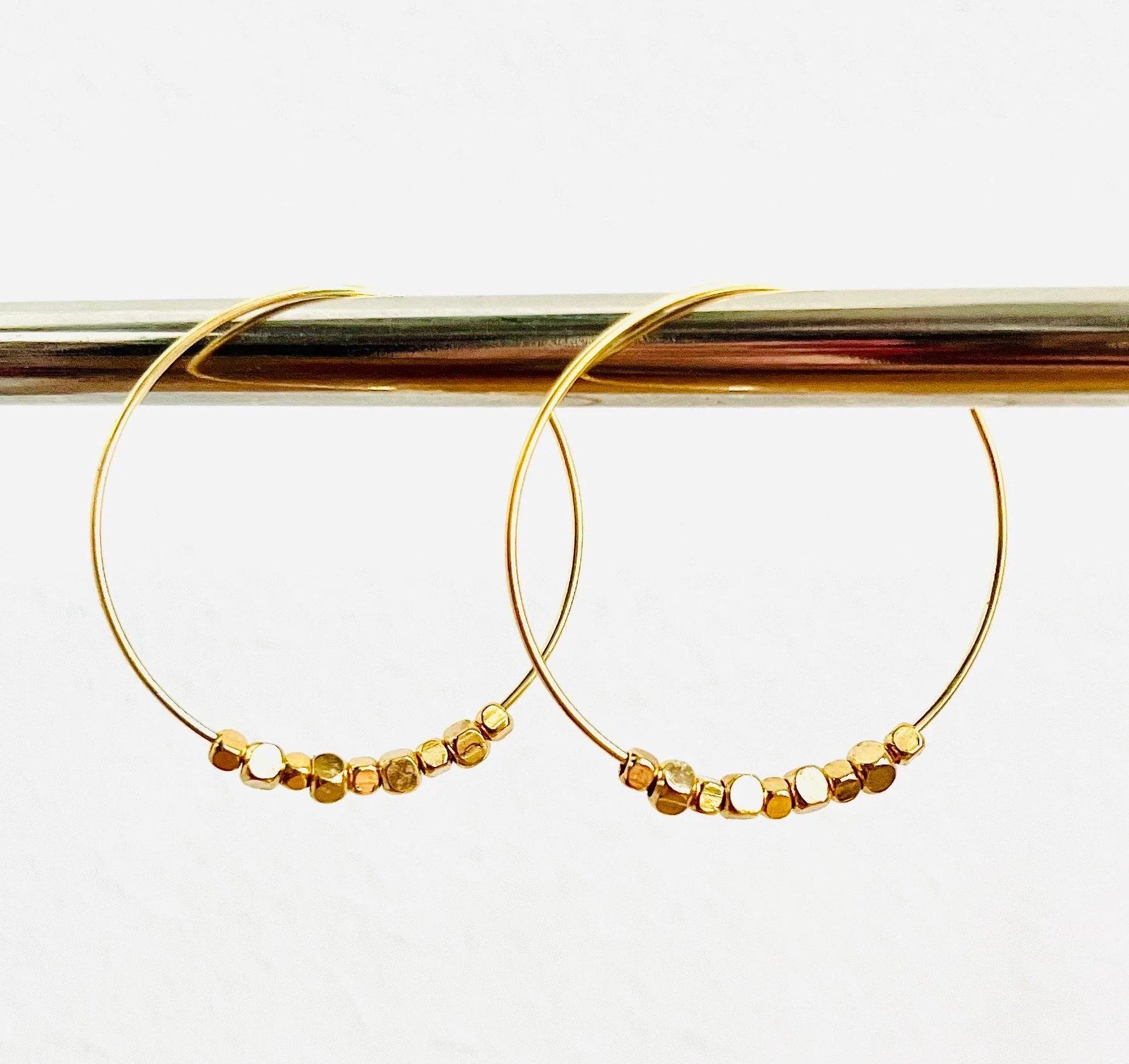 Elegant 24K Gold Plated 30mm Hoop Earrings with Chic Gigi Mini Cubed Beads.
