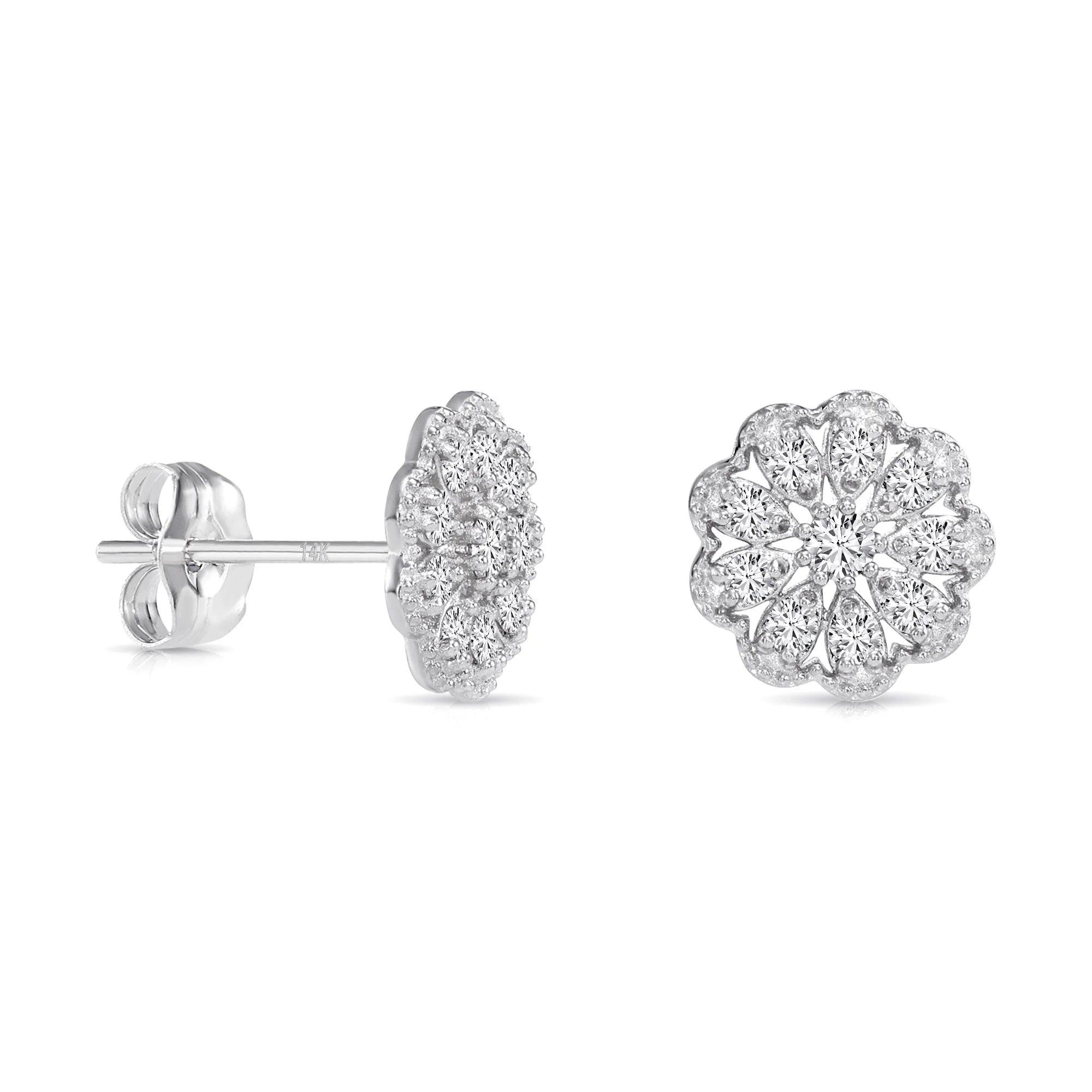 Stunning 14K Gold Lab Diamond Flower Halo Stud Earrings - 0.18Ctw with Secure Pushbacks.