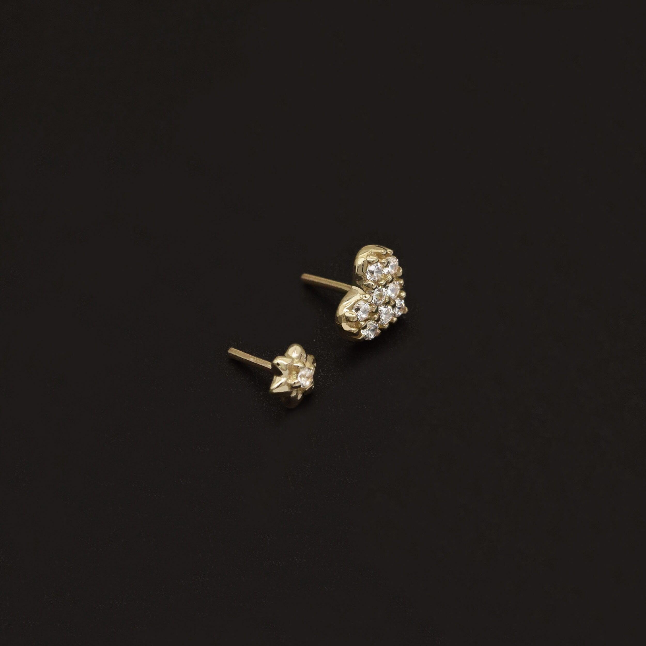 Dainty 14K Solid Gold Tiny Heart & Flower Flat Back Stud Earrings for Cartilage, Conch, Helix & Tragus.