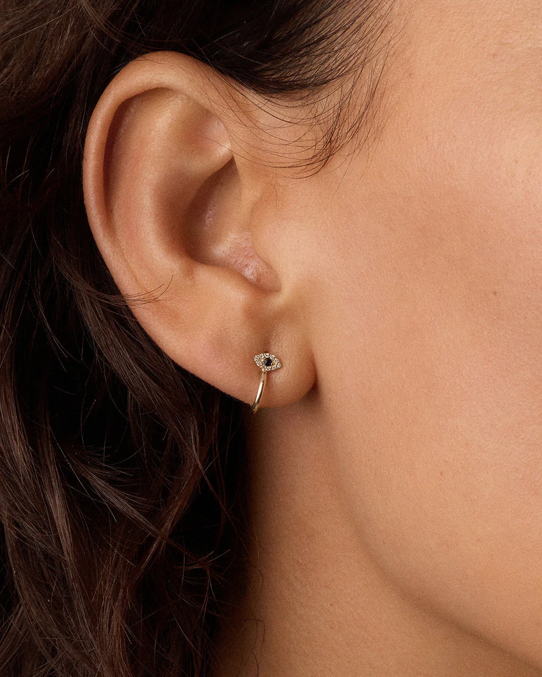 14K Diamond and Blue Sapphire Evil Eye Stud Single Huggie