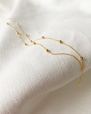18K Solid Gold Double Strand Beaded Bracelet, Dainty Layered Minimalist Jewelry