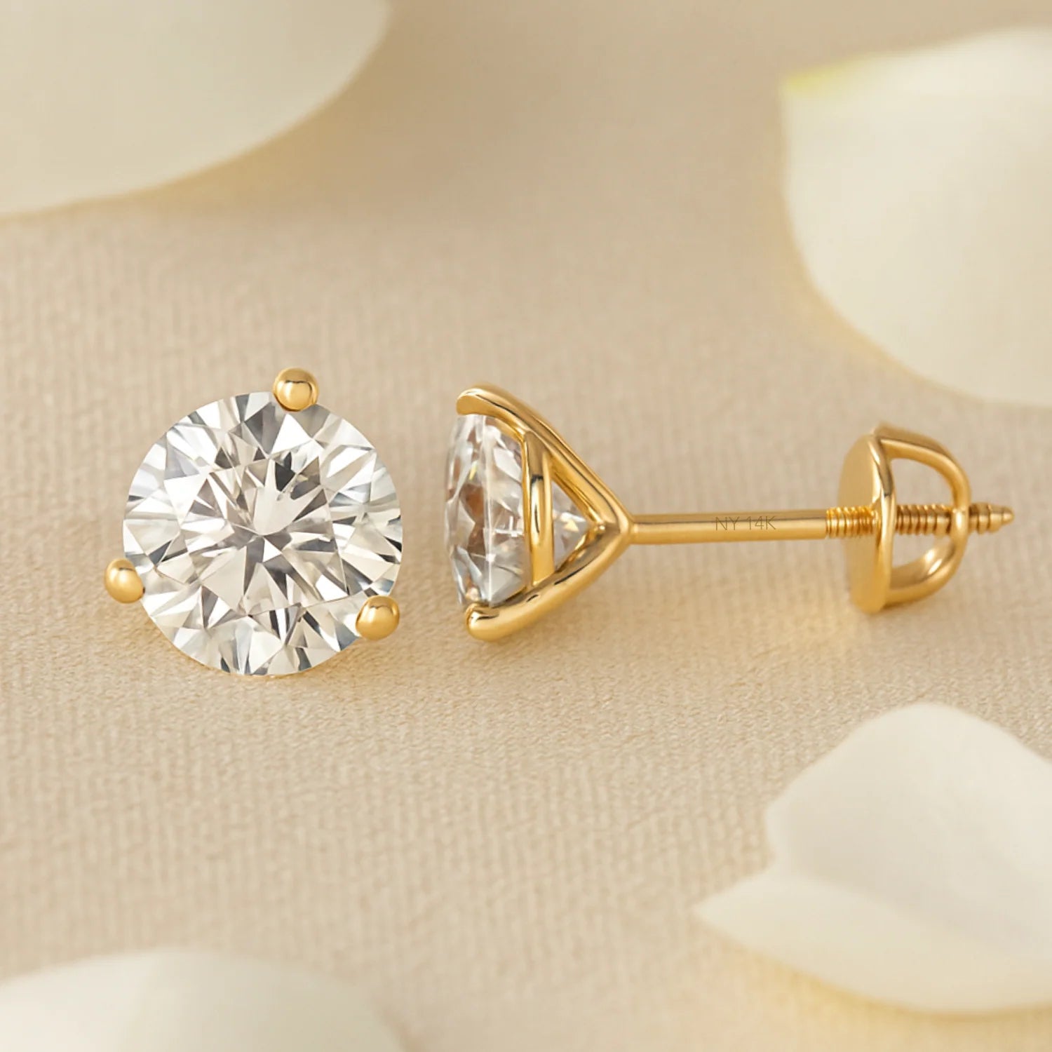 14K Yellow Gold Brilliant-Cut Lab Diamond Studs, Classic Martini 3-Prong Setting, Screwback