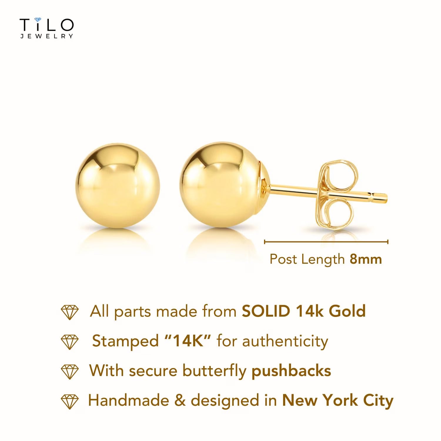 14K Solid Gold Ball Stud Earrings, Classic round Ball Studs, with Secure Butterfly Pushbacks, 3Mm, 4Mm, 5Mm, 6Mm, 7Mm, 8Mm, by TILO Jewelry