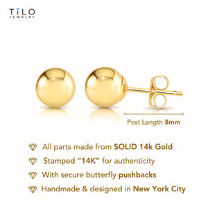 14K Solid Gold Ball Stud Earrings, Classic round Ball Studs, with Secure Butterfly Pushbacks, 3Mm, 4Mm, 5Mm, 6Mm, 7Mm, 8Mm, by TILO Jewelry