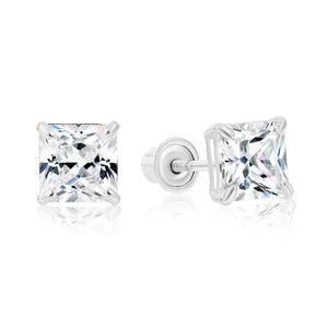 Bundle SET of 3! 14K Solid Gold Earrings, Square CZ Studs with Screwbacks