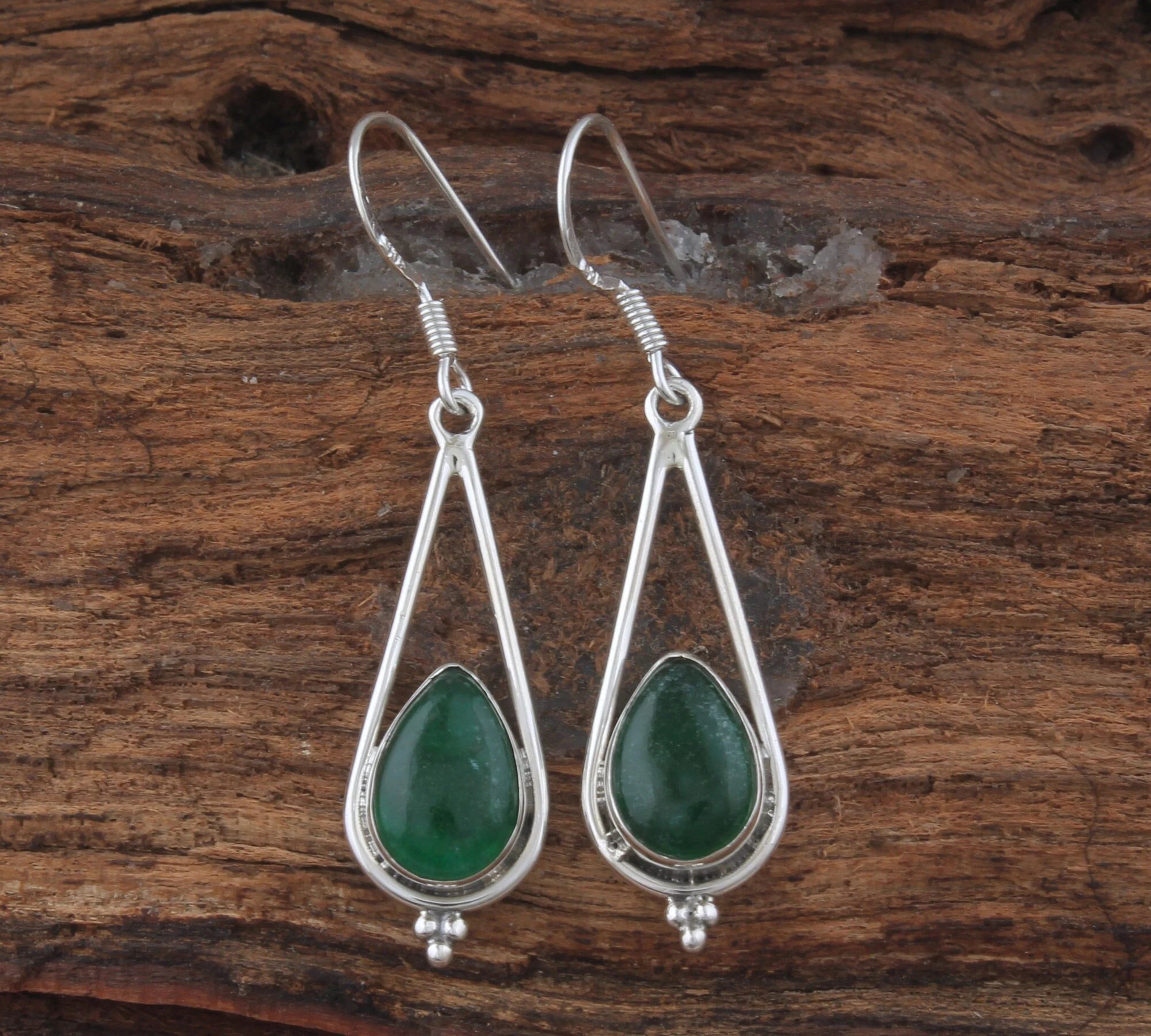 Jade Pear Stone 925 Sterling Silver Earrings, Handmade Designer Jewelry