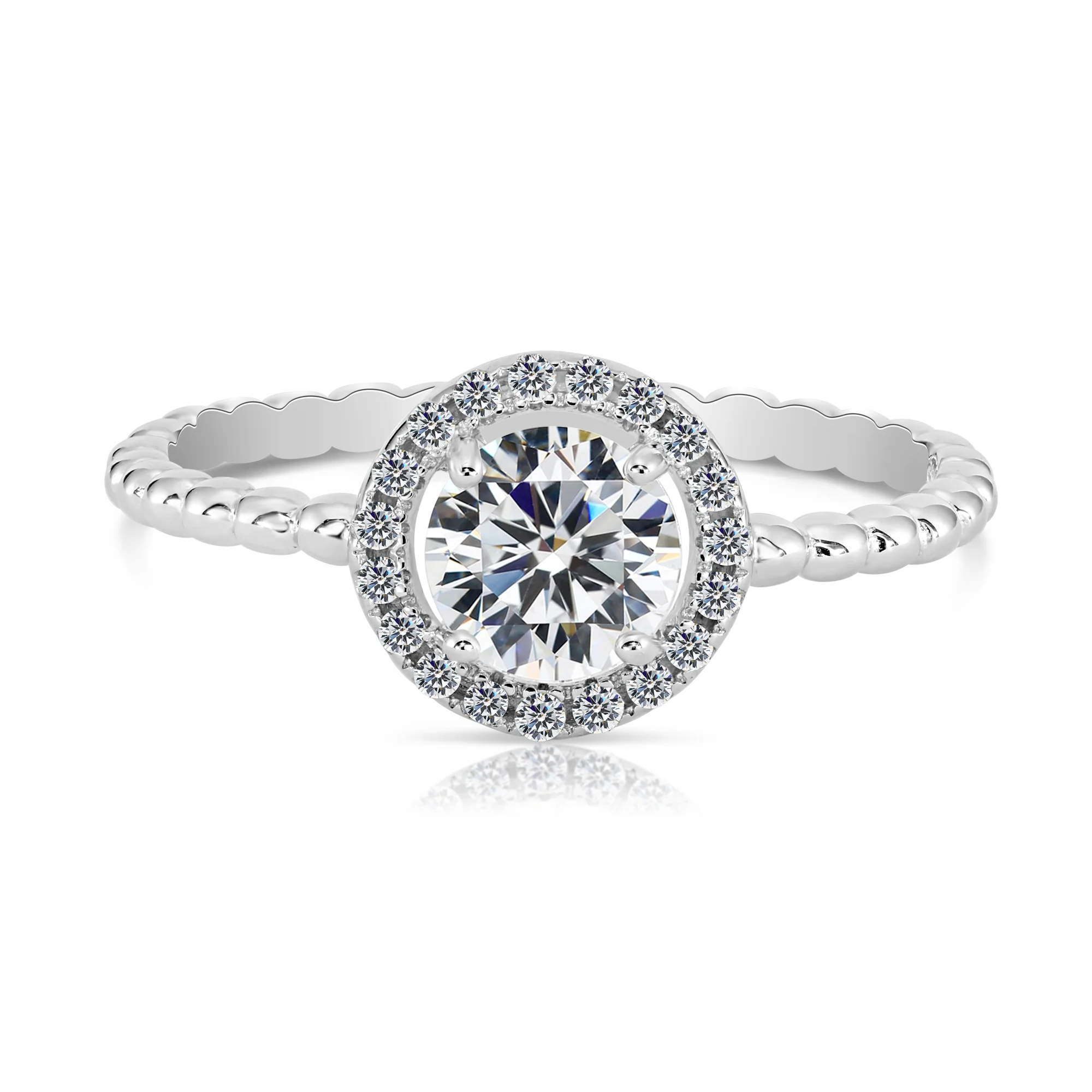 Stunning CZ Round Halo Engagement Ring in Sterling Silver – Perfect Sparkling Proposal for Engagements, Anniversaries & Bridal Elegance.