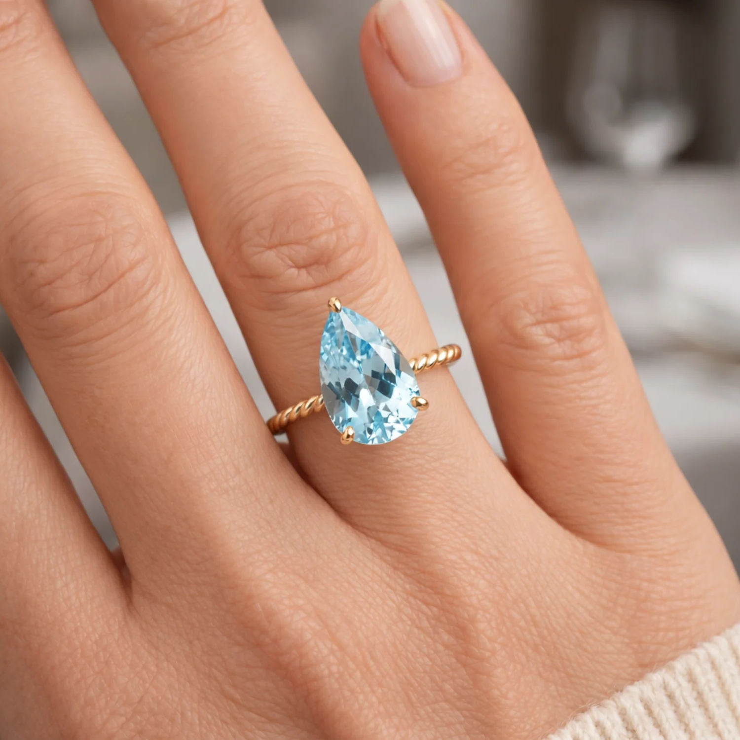 Stunning 14K Yellow Gold Pear-Cut Sky Blue Topaz Ring – The Perfect Elegant Birthstone Gift for Any Occasion.