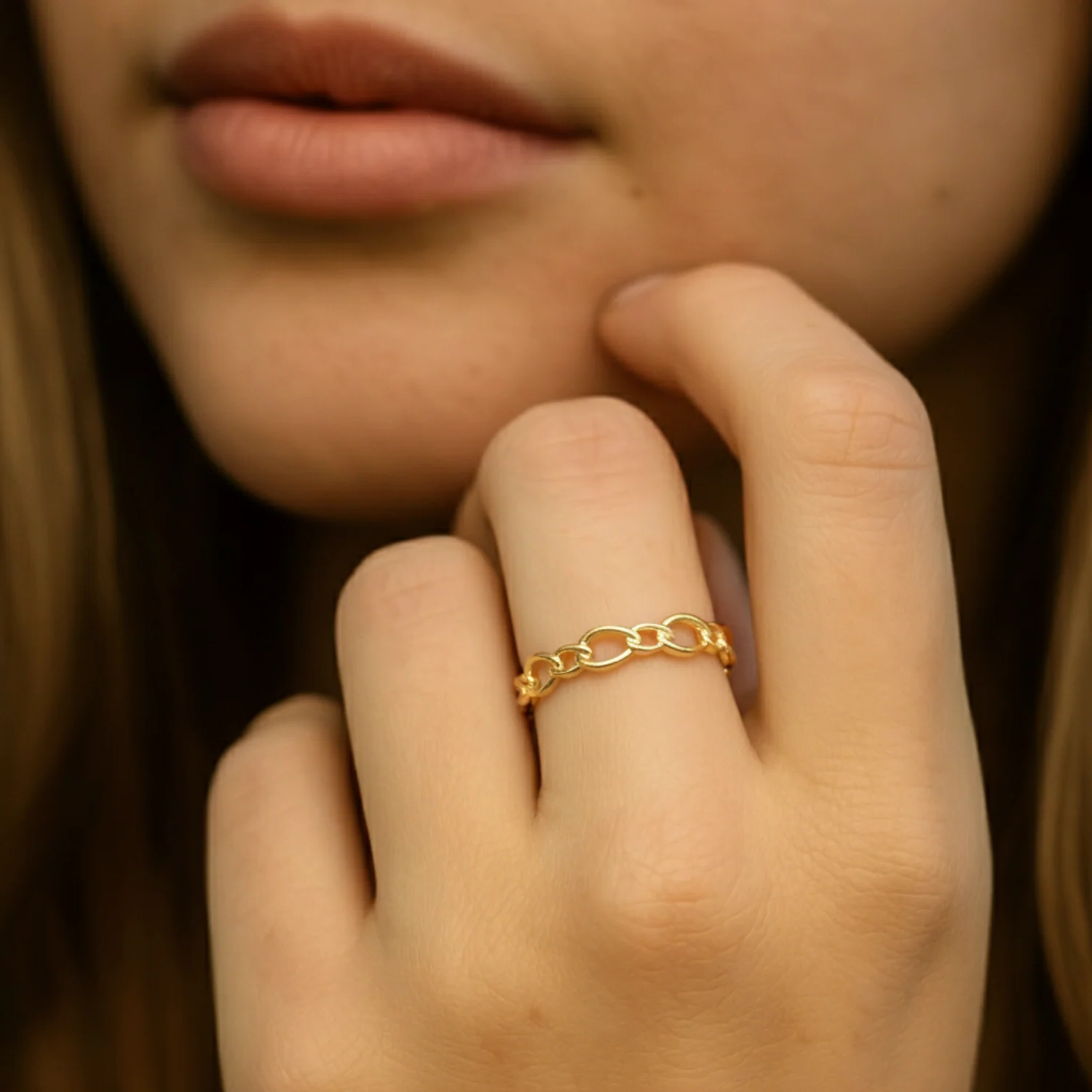 Dainty 14K Yellow Gold Cuban Link Ring – Elegant Chain Style for Everyday Luxury and Perfect Gift for Her.