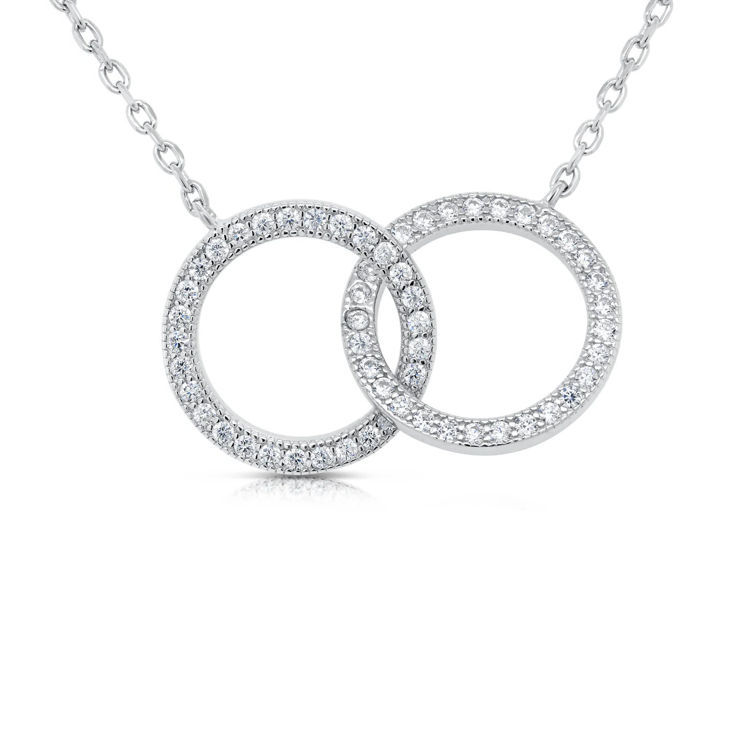 CZ Double Ring Necklace in Sterling Silver – Elegant Sparkling Love Pendant for Her, Perfect Gift for Anniversaries & Everyday Glamour.