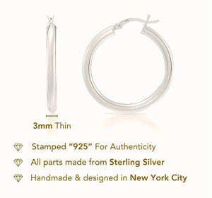 Classic 925 Sterling Silver Chunky Polished Hoop Earrings - 3mm Thin Shiny Elegance