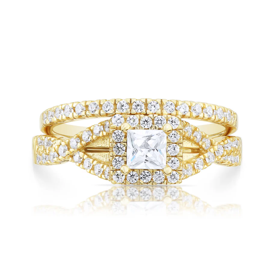 Exquisite CZ Princess Engagement Ring Set - Gold Plated Sterling Silver for Unforgettable Proposals, Weddings & Anniversaries.