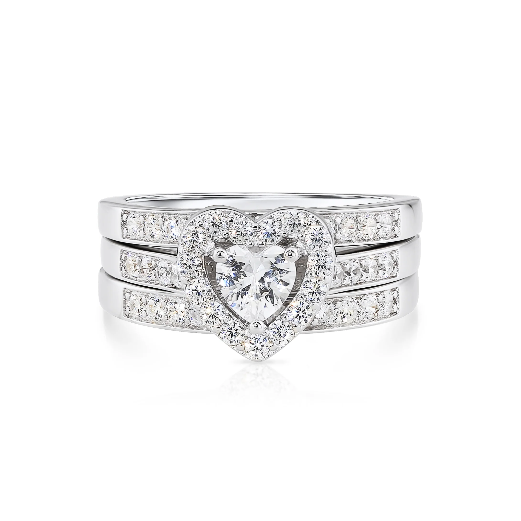 Radiant CZ Heart Three-Tier Engagement Ring Set in Sterling Silver - Perfect Bridal Ring Set for Proposals, Weddings, and Anniversaries.