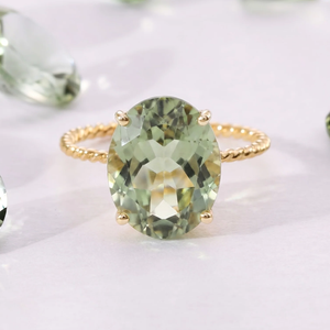 14K Yellow Gold Green Amethyst Oval-Cut Ring – Elegant Green Sparkle for Birthdays and Everyday Luxury.