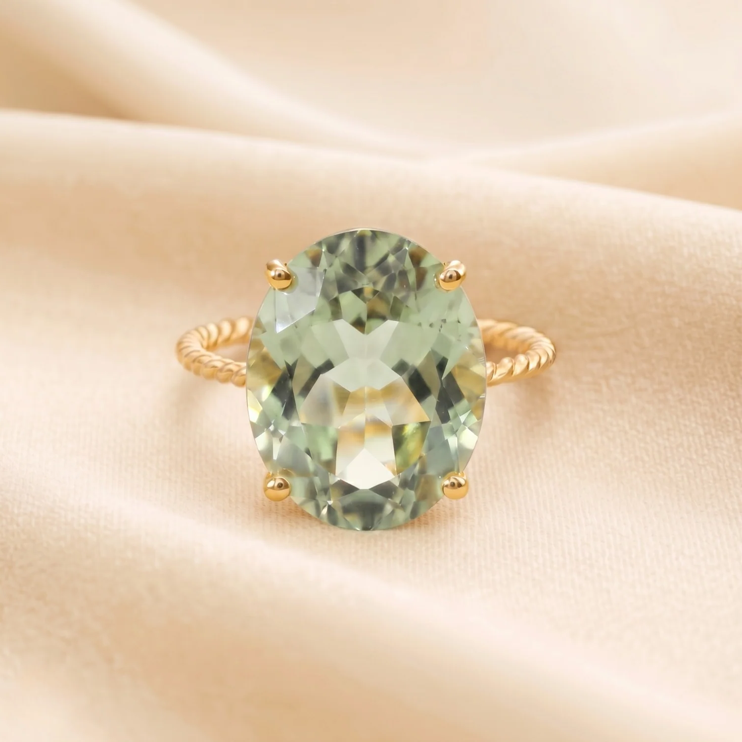 14K Yellow Gold Green Amethyst Oval-Cut Ring – Elegant Green Sparkle for Birthdays and Everyday Luxury.