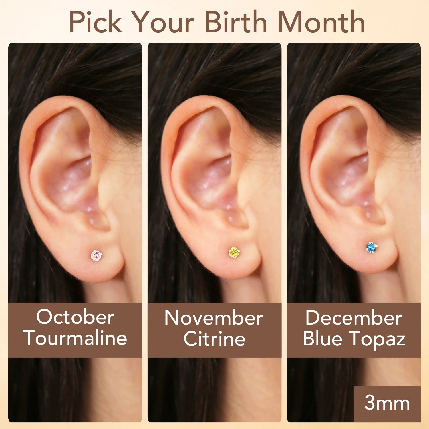 14K Yellow Gold Birthstone Solitaire Stud Earrings, 3Mm, Available in 12 Colors