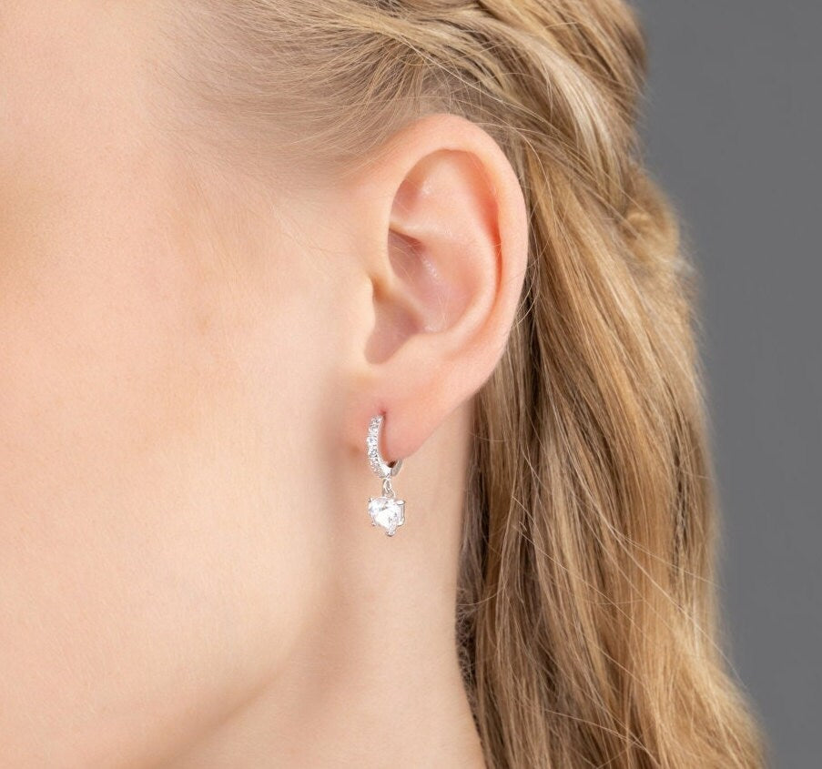 Diamond Dangle Earrings • Diamond Lined Earrings • Heart Shape Gemstone • Tear Drop with Diamond Accents • Gift for Her • Dainty Earrings