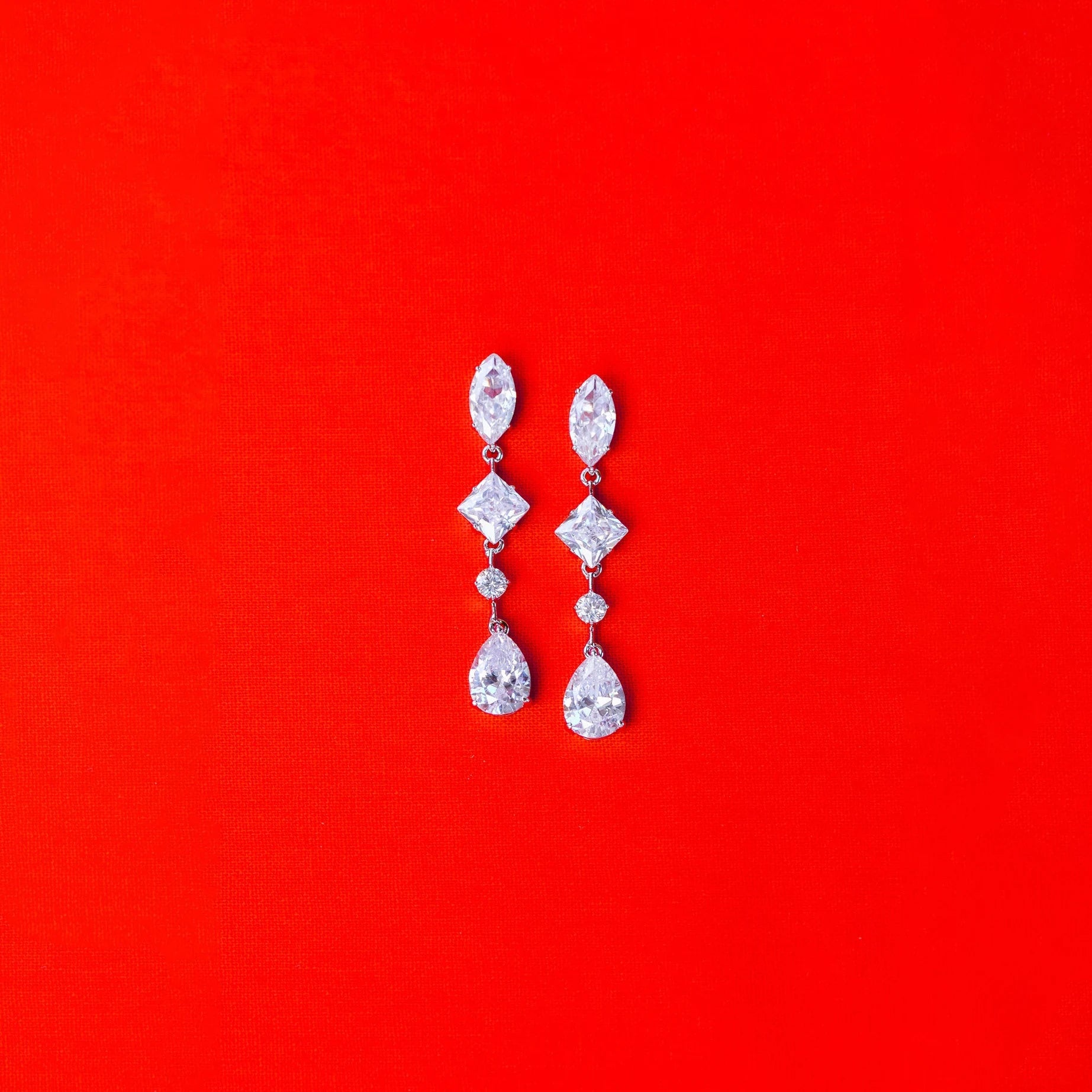 Tear Drop Wedding Jewelry, Square Diamond Dangle Earring, Oval Shape CZ, round Gem Earring, CZ Bride Earring, Silver Bridal Earring, Pear