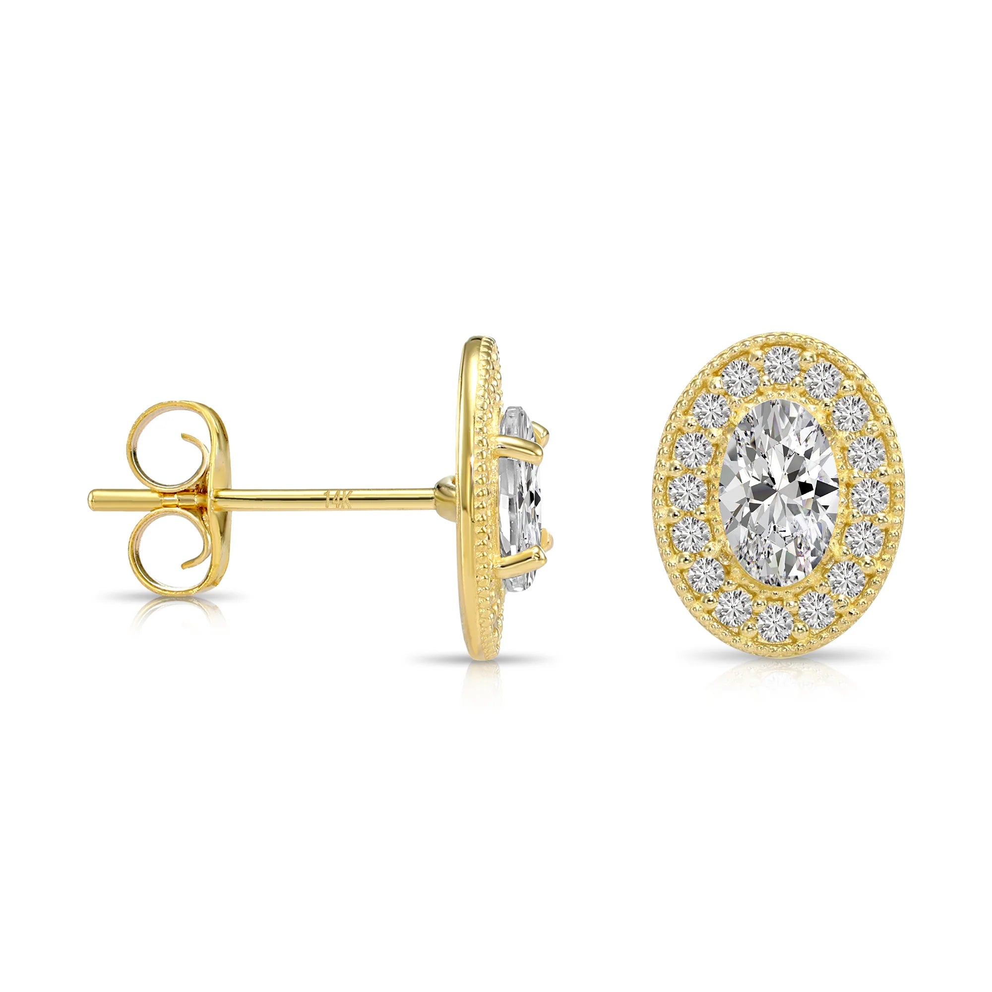 14K Yellow Gold Oval CZ Halo Stud Earrings