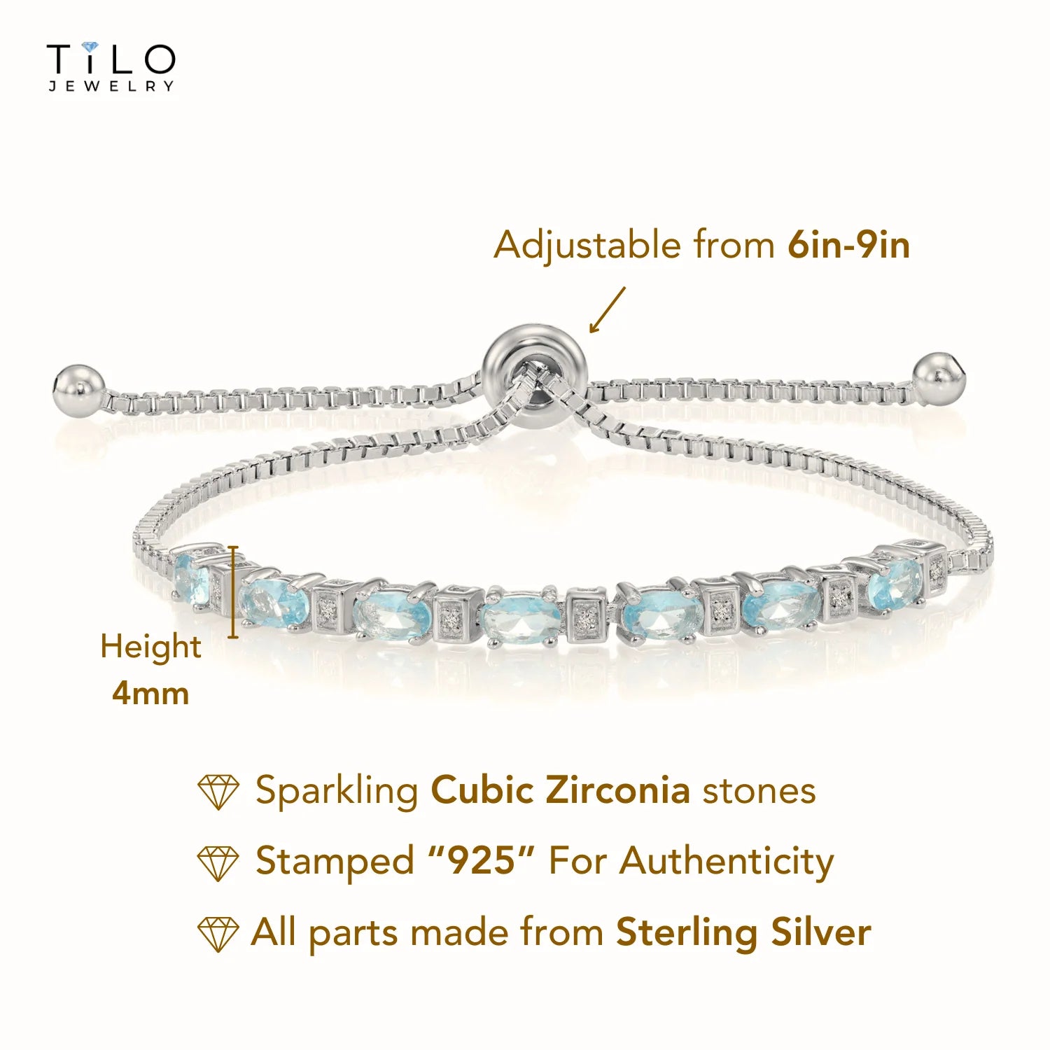Sterling Silver March Aquamarine Birthstone Adjustable Bracelet