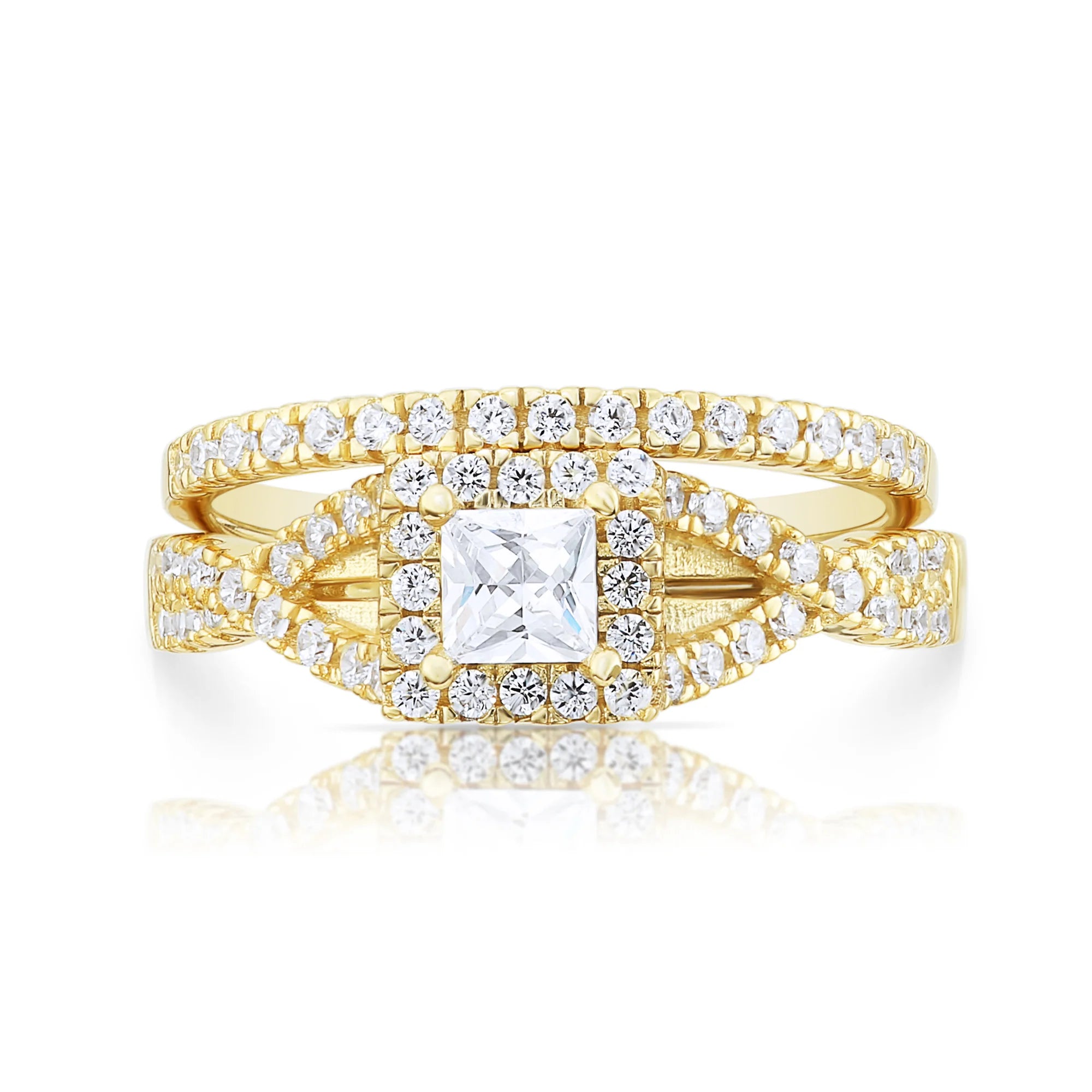 925 Sterling Silver Engagement Ring Set, 2 Carat Total, Princess Square-Cut Cubic Zirconia Ring with Halo Setting, Two Tier Stackable Ring