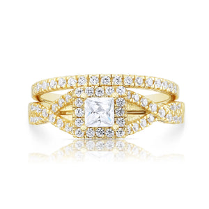 925 Sterling Silver Engagement Ring Set, 2 Carat Total, Princess Square-Cut Cubic Zirconia Ring with Halo Setting, Two Tier Stackable Ring