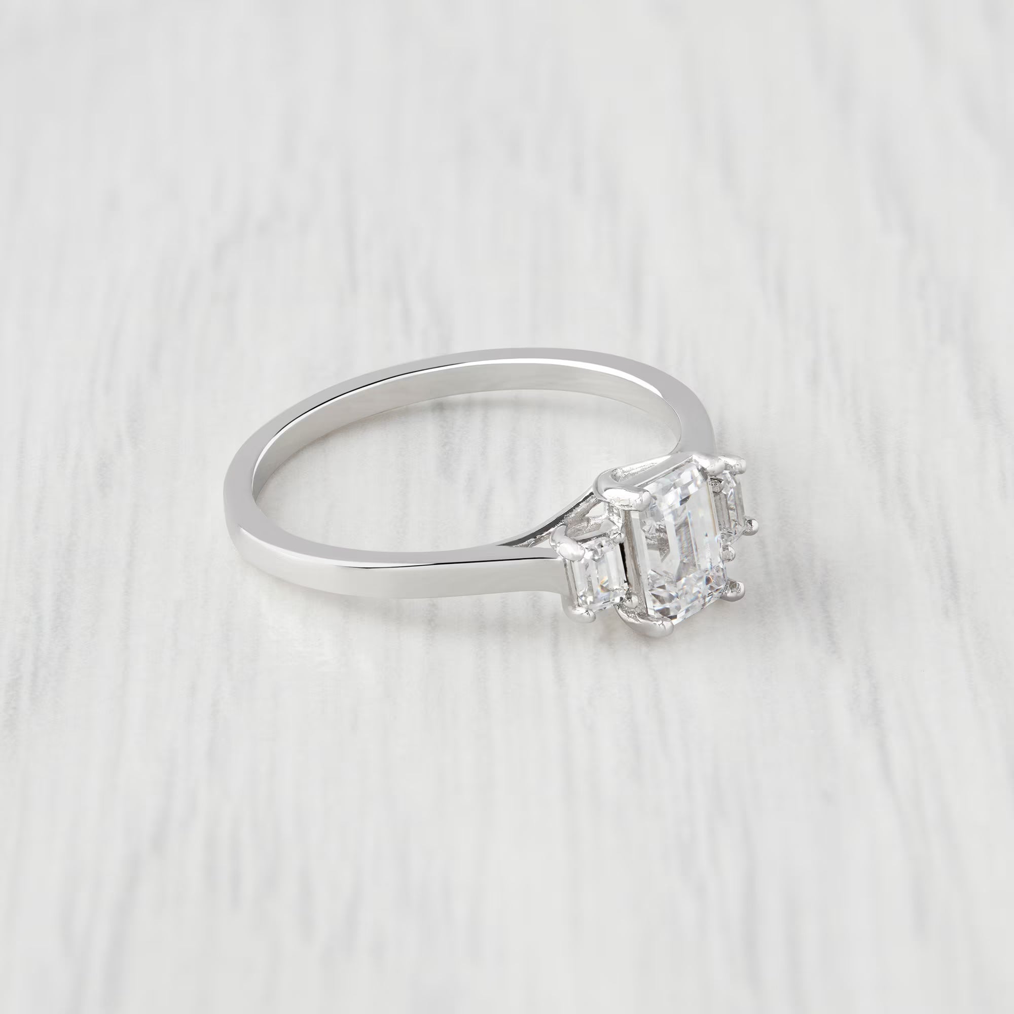 Man Made Diamond Emerald Cut 3 Stone Trilogy Ring Ring Available in Sterling Silver or White Gold Filled - Engagement Ring