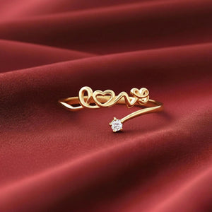 Dainty 14K Yellow Gold Love Script Ring with Simulated Diamonds - Perfect Stackable Gift for Her.