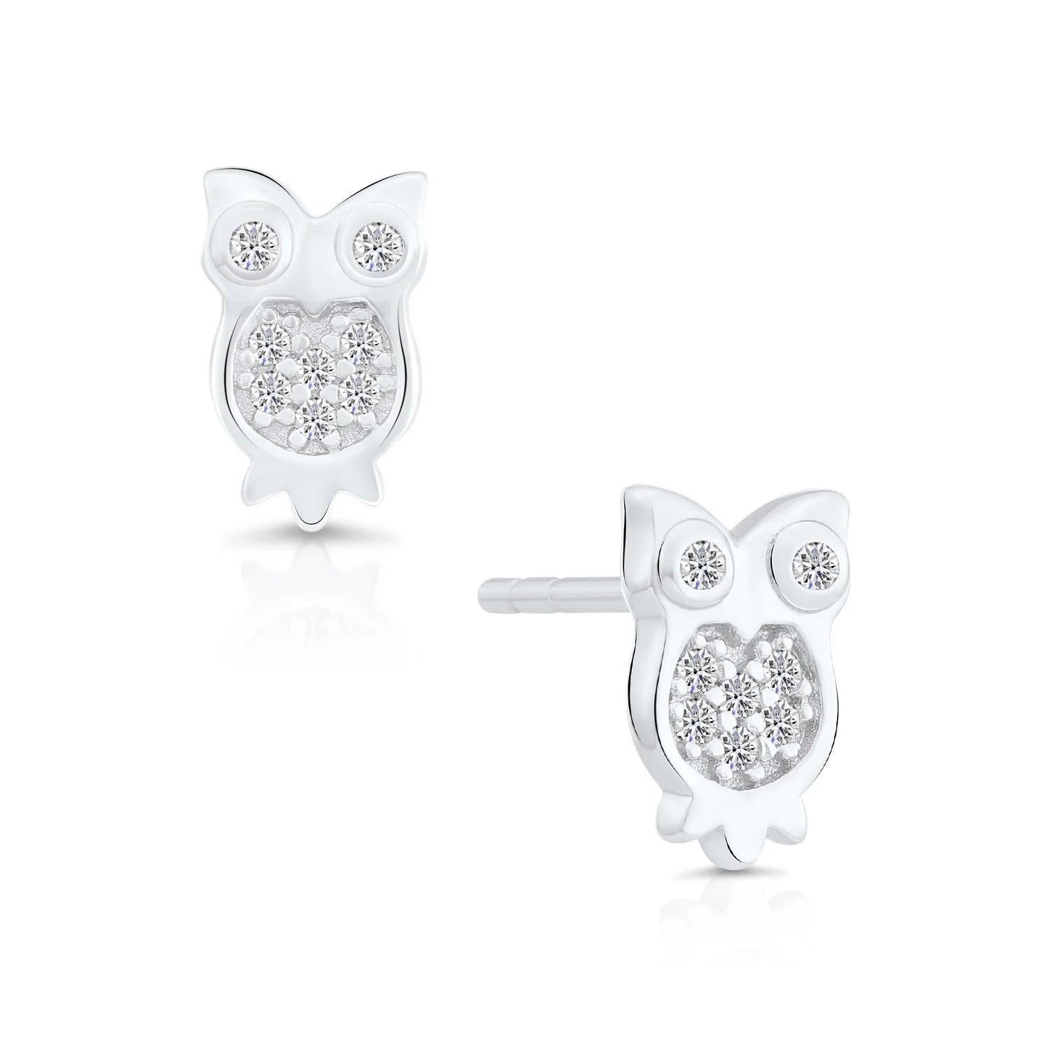 Charming CZ Owl Stud Earrings in Premium Sterling Silver.