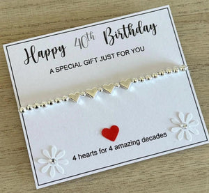Elegant 40th Birthday Silver Heart Bracelet - Meaningful Beaded Stretch Gift for Women with Inspirational Quote Card.