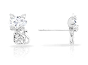 Charming Sterling Silver Little Kitty Stud Earrings with CZ Accents.