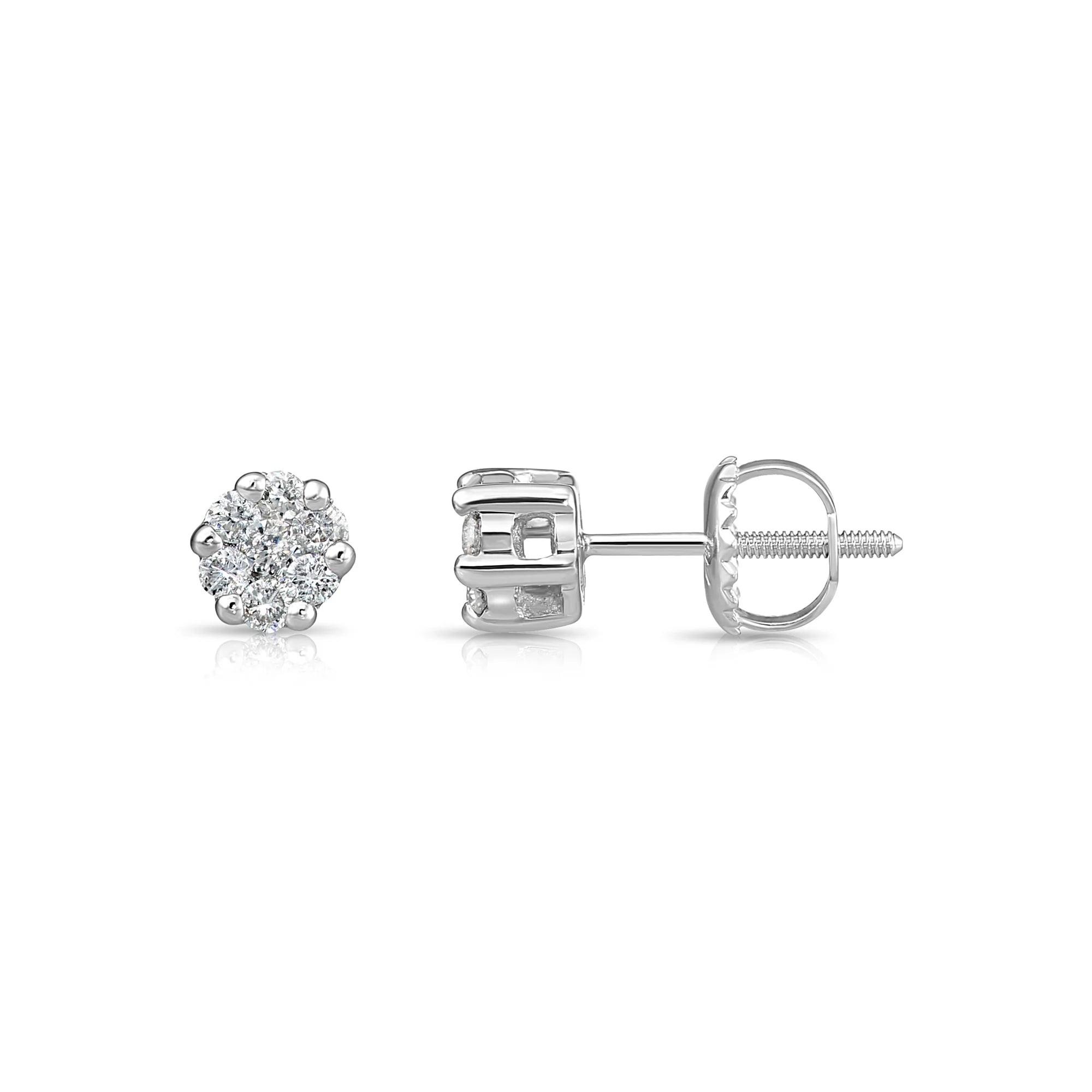 Stunning 14K White Gold 0.25 Carat Diamond Cluster Screw-Back Stud Earrings.