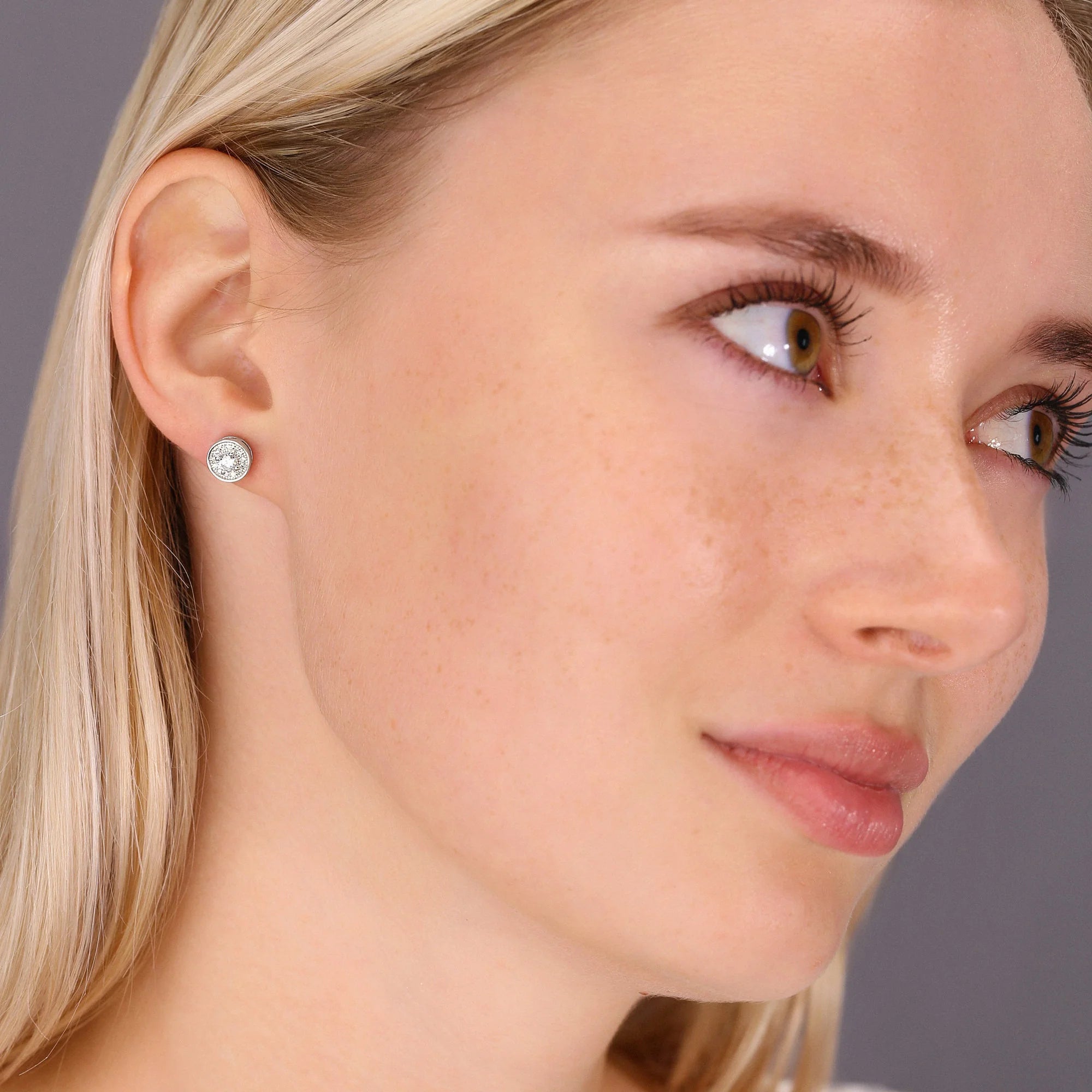 CZ Solitaire Halo Stud Earrings, 0840 in Sterling Silver