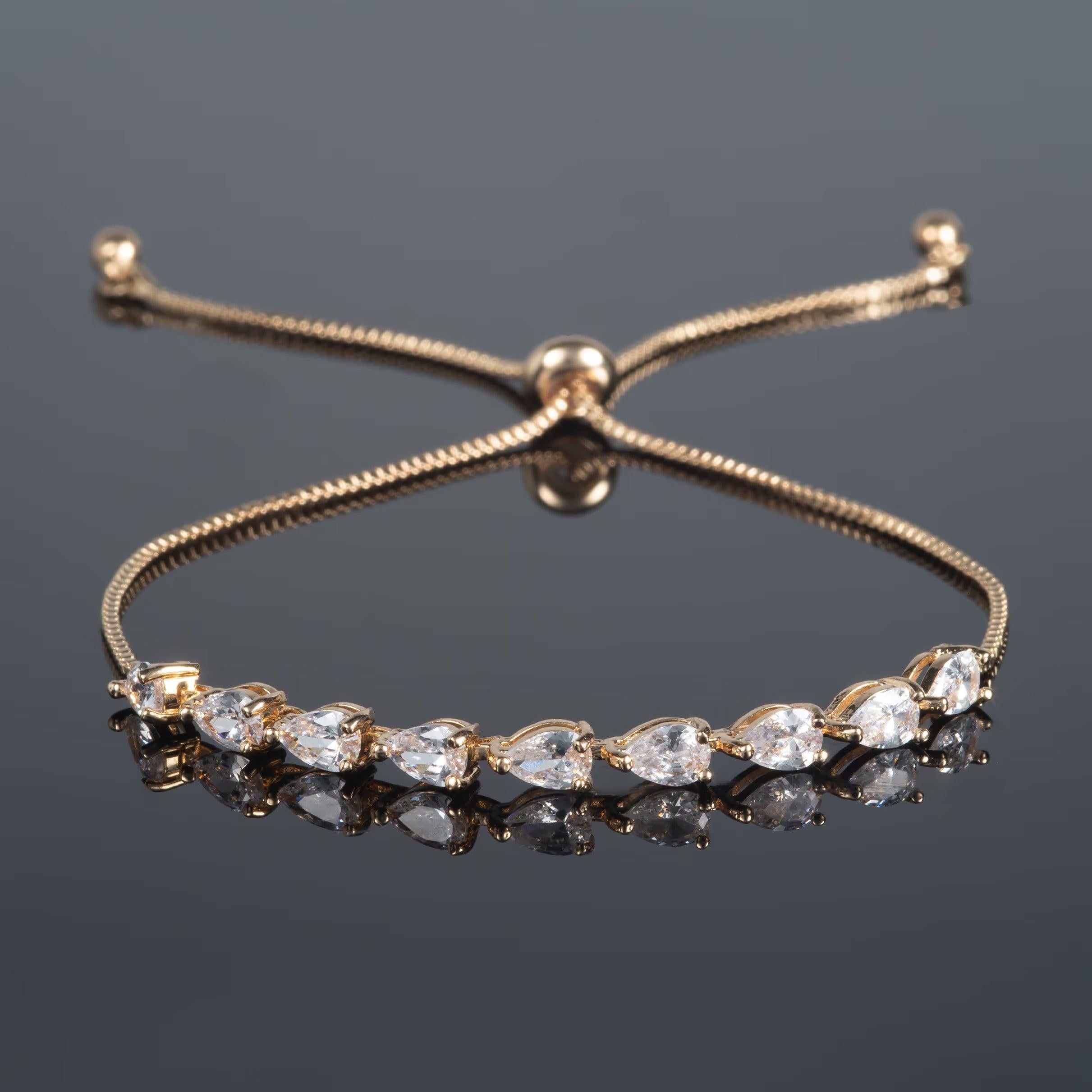 Elegant Gold Slider Bracelet with Dainty Pear-Shaped Cubic Zirconia for Women and Girls.