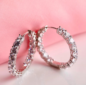 Hinged Hoop inside Out Earrings Set with round Simulated Diamonds 5A Cubic Zirconia in Rhodium Plated Sterling Silver 3Cm Diameter