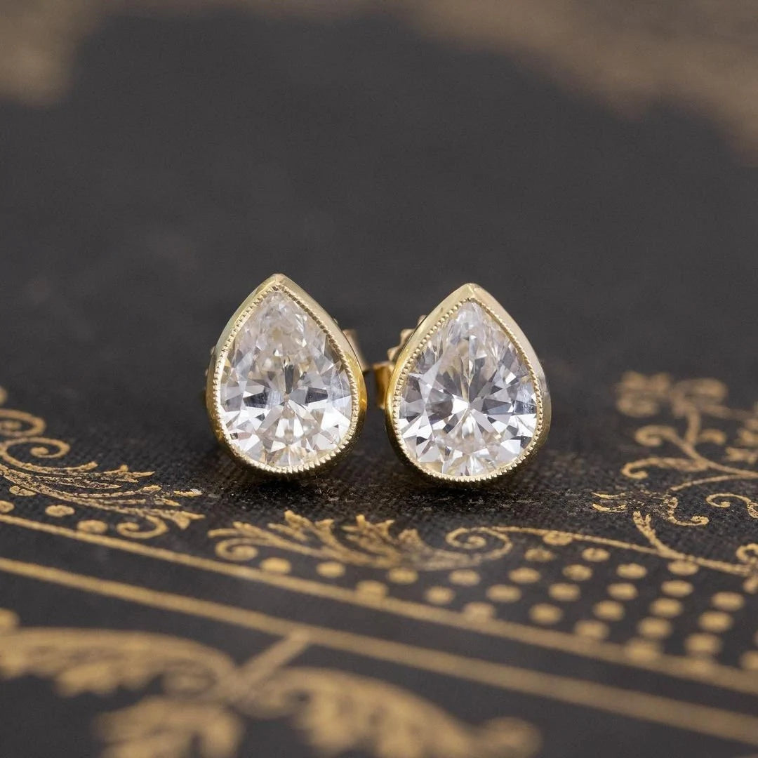 Tear Drop Pear Cut 2CTW Simulated Diamond Earrings Bezel Set, 14K Yellow Gold Earrings Women'S, Moissanite Earrings Push Backs, Gift for Her