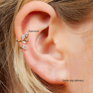 14K Gold Leaf Ear Cuff Diamond & Moissanite, No Piercing