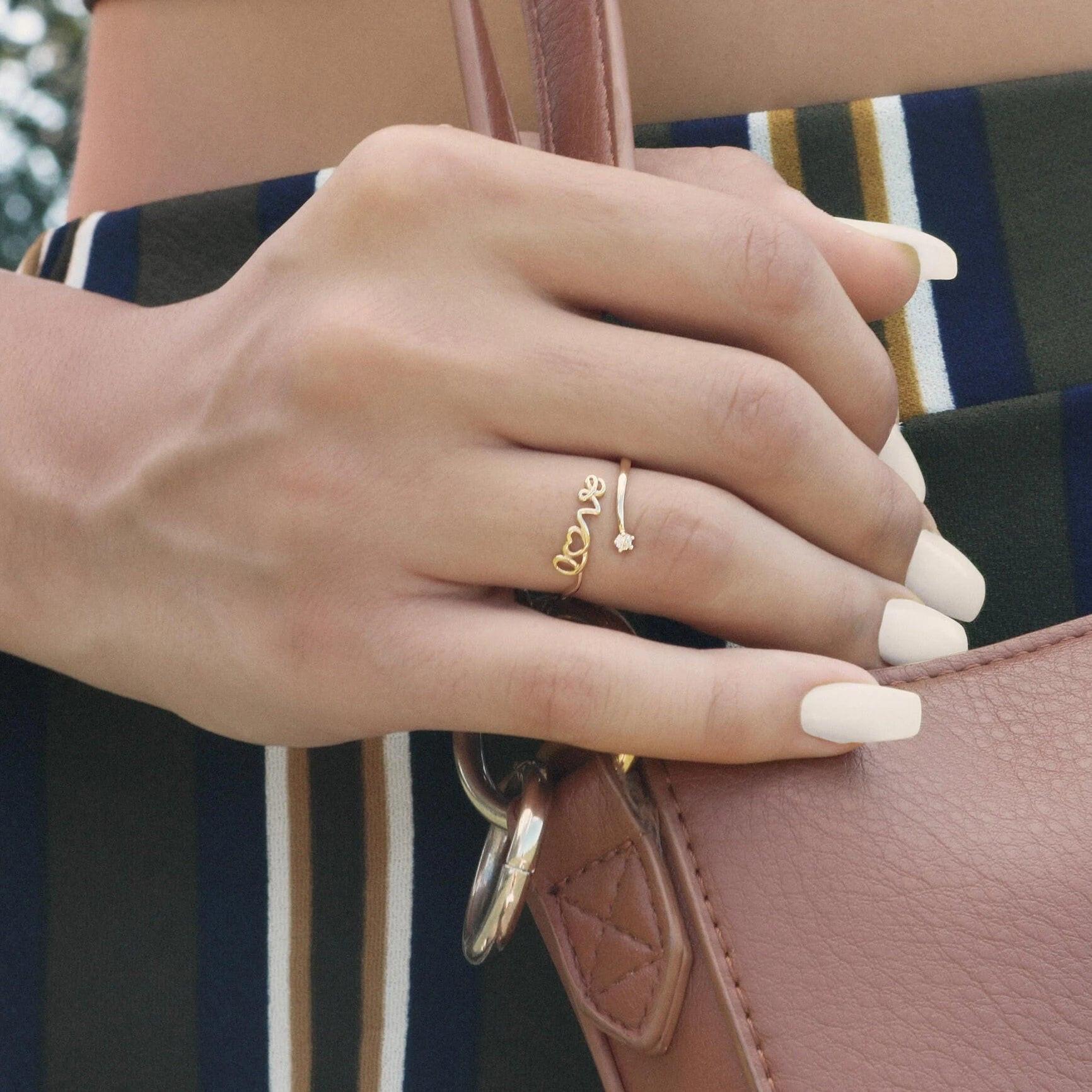 Dainty 14K Yellow Gold Love Script Ring with Simulated Diamonds - Perfect Stackable Gift for Her.