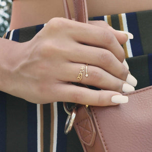 Dainty 14K Yellow Gold Love Script Ring with Simulated Diamonds - Perfect Stackable Gift for Her.